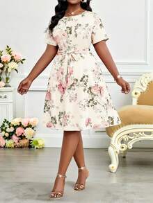SHEIN Lady 大码优雅印花连衣裙，夏季 - 彩色 - 查看 4