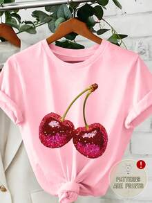 DrmWander Women's T-Shirt, Casual Street Style Graphic Short Sleeve T-Shirt, Cute Summer Top - Pink - View 1