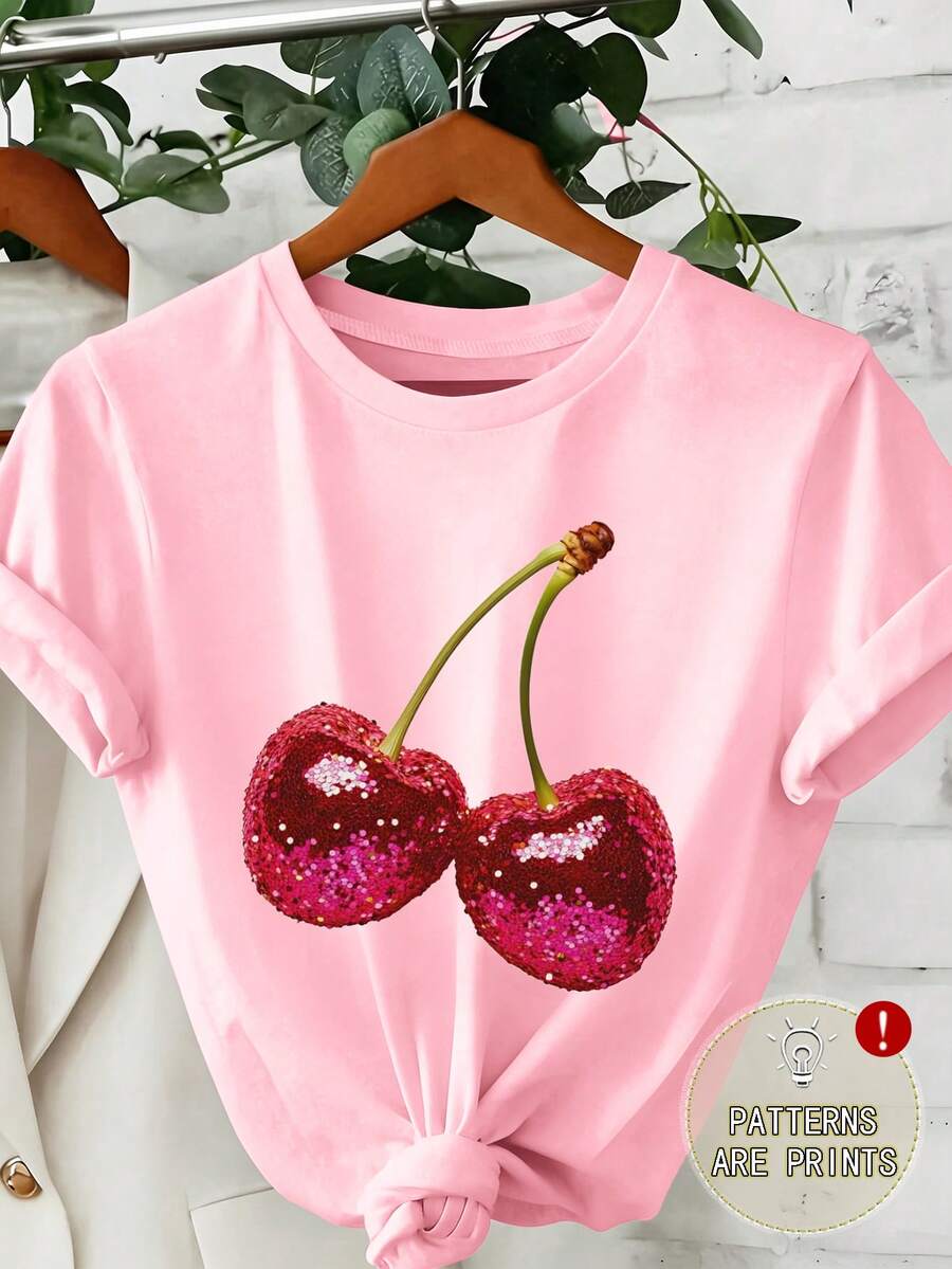 DrmWander Women's T-Shirt, Casual Street Style Graphic Short Sleeve T-Shirt, Cute Summer Top - Pink - View 1