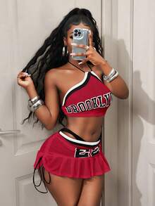 BamGleam Bộ đồ 2 món dành cho nữ: Áo croptop cổ yếm in chữ và chân váy ngắn. - Nhiều màu - Xem 4