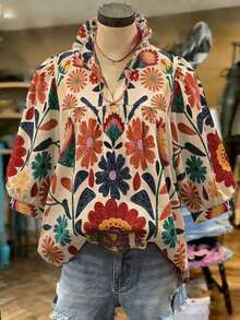 Voyazaga 2026 Mărime Plus pentru femei primăvară/vară nou sosire vintage imprimeu floral la modă casual versatil bej deschis cu decolteu în V cu mâneci bufante perfect pentru ținute de primăvară și vară - Multicolor - Vizualizare 1