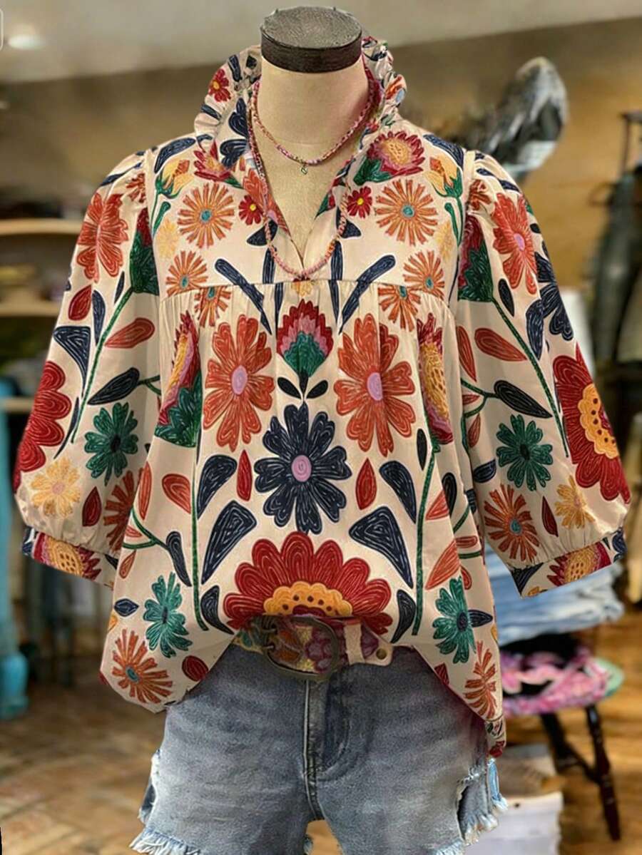 Voyazaga 2026 Mărime Plus pentru femei primăvară/vară nou sosire vintage imprimeu floral la modă casual versatil bej deschis cu decolteu în V cu mâneci bufante perfect pentru ținute de primăvară și vară - Multicolor - Vizualizare 1