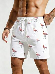 ZELFYO Men's Drawstring Flamingo All-Over Print Loose Beach Shorts, Summer - White - View 4