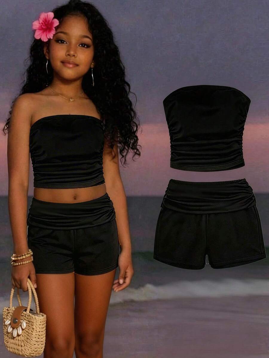 SHEIN Conjunto informal de top tubo fruncido y shorts de unicolor para niña preadolescente - Negro - Ver 1