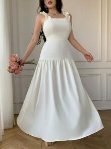 Celisse Square Neck Ruffle Trim Adjustable Shoulder Strap Elastic Waist Dress For Women - Apricot - View 5