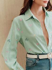 Anewsta Elegant Embroidered Design Green Striped Casual Blouse For Women, Suitable For Spring To Summer - Green - View 2