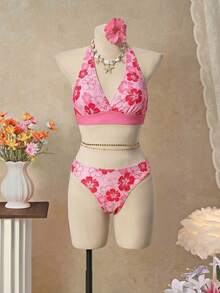 Bellisia 26SS Orange Halter Neck Triangle Bikini Top With Matching Skirt 3 Pieces Set, Beach/Resort Wear - Pink - View 3