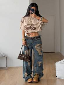 Coolane Áo thun tay ngắn dáng lửng in họa tiết báo chí, thích hợp mặc mùa hè. - Nhiều màu - Xem 2