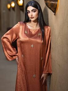 Layrah Orange Handmade Beaded Maxi Dress With Headscarf Butterfly Abaya Satin Dress For Evening Party - Coral Orange - View 5