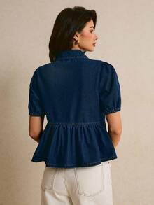 Poéselle Áo kiểu denim tay cánh hoa dáng rộng thoải mái cho nữ mùa hè - màu đen - Xem 2