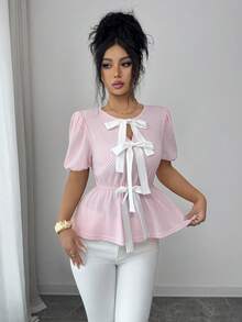 SHEIN Elenzya Women's Casual Bow Decor Round Neck Short Sleeve T-Shirt, Versatile For Daily Wear - Pink - View 7
