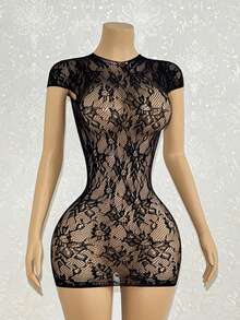 EgrlEra 女士性感黑色短袖蕾丝提花迷你连衣裙 - 黑色 - 查看 1