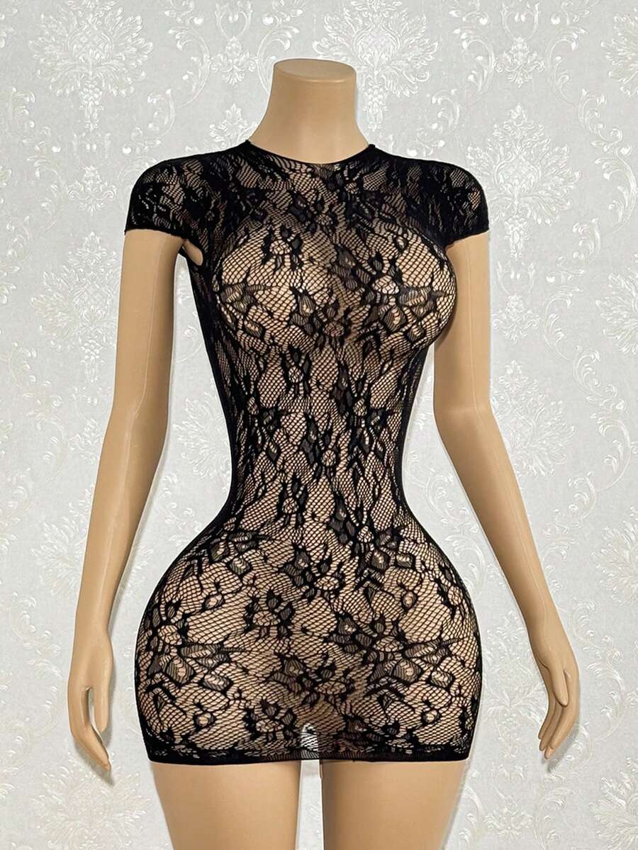 EgrlEra 女士性感黑色短袖蕾丝提花迷你连衣裙 - 黑色 - 查看 1