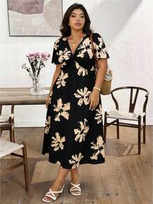 Lounesse 大码休闲度假优雅V领收腰连衣裙 - 黑色 - 查看 6