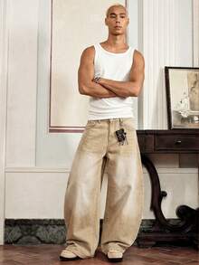SWAVVY Men's Loose Casual Flared Pocket Jeans - Khaki - View 3