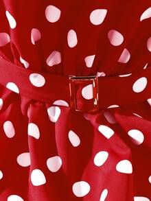 Franclia 女士时尚无袖V领波点印花腰带装饰A字型长连衣裙，适合情人节和约会穿着 - 紅色 - 查看 4