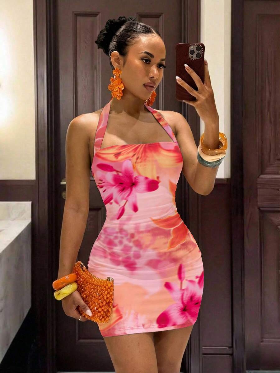 Slaydiva 女士露背无袖修身印花迷你连衣裙