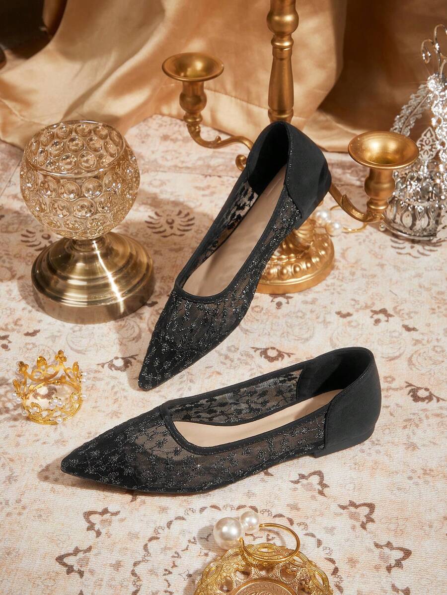 CUCCOO TILAWA 2026 Women's New Flat-Soled Soft-Soled Shoes, Flower-Embroidered Decorative Flat-Soled Shoes, Elegant Pointed Ballet Flat-Soled Hollow Shoes, Comfortable And Versatile Summer Breathable Hollow Mesh Sandals, Fashionable Outdoor Flat Shoes, Suitable For Parties, Weddings And Banquets, Valentine's Day Gifts - Black - View 1