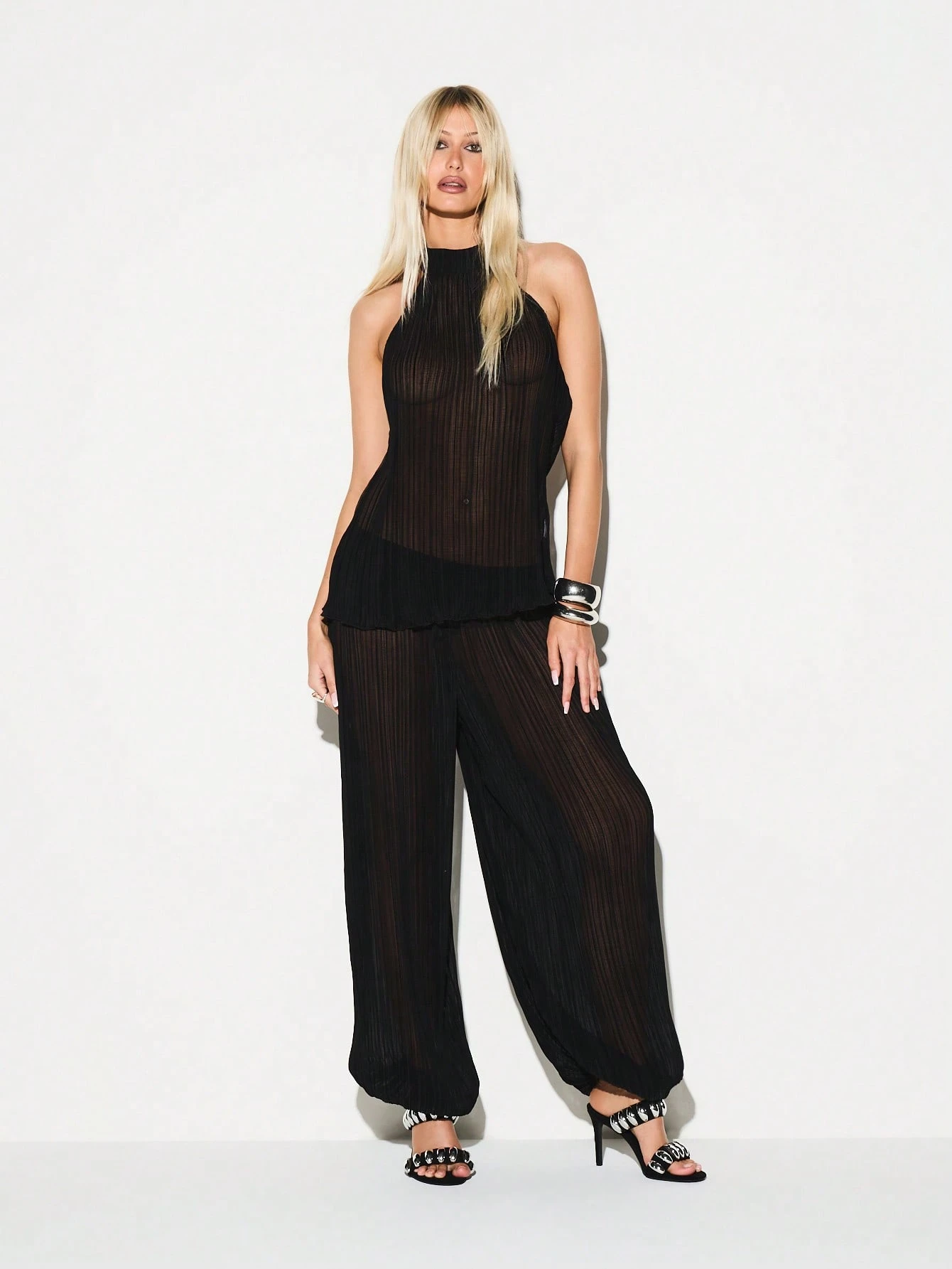 KIZN Black Plisse Halterneck Sleeveless Top