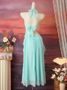 Femesol Romantic Elegant Vacation Outfit Ruffle Halter Faux 3D Flower Dress For Women, Spring/Summer - Baby Blue - View 2