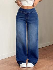 SHEIN Tall 女士高腰阔腿宽松休闲百搭牛仔裤 - 中等水洗藍 - 查看 3