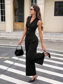 Serisse Conjunto de 2 piezas de chaleco de solapa moteado y pantalones de mujer - Negro - Ver 1