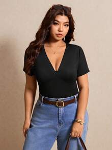 Elaquor Plus Size Women Summer Casual Solid Color Short Sleeve Top Spring/Summer Black Top V Neck Blouse For Elegant Women - Black - View 6