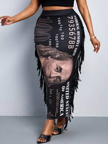 SHEIN PETITE CURVE 大码夏季时尚美元印花流苏装饰裙 - 彩色 - 查看 3