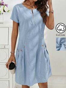 SHEIN LUNE Vestido feminino cinza com zíper na gola, vestido feminino de algodão, vestidos femininos de verão, roupas 100% algodão, vestido feminino com zíper, vestidos femininos casuais, vestidos casuais para mulheres, vestido casual de algodão, vestido casual azul, vestido casual de manga curta. - Baby Azul - Ver 5