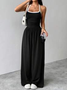 SHEIN MOOSTA 女士V领露背休闲连体裤，简约设计，适合春夏穿着 - 黑色 - 查看 6