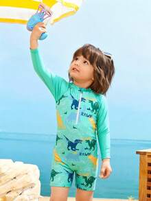 男童连体泳衣，可爱恐龙印花针织面料，长袖拉链连体泳衣，适合夏季度假游泳、海滩冲浪、泳池、夏季派对、休闲度假，儿童服装，防晒，儿童长袖泳衣 - 綠色 - 查看 6