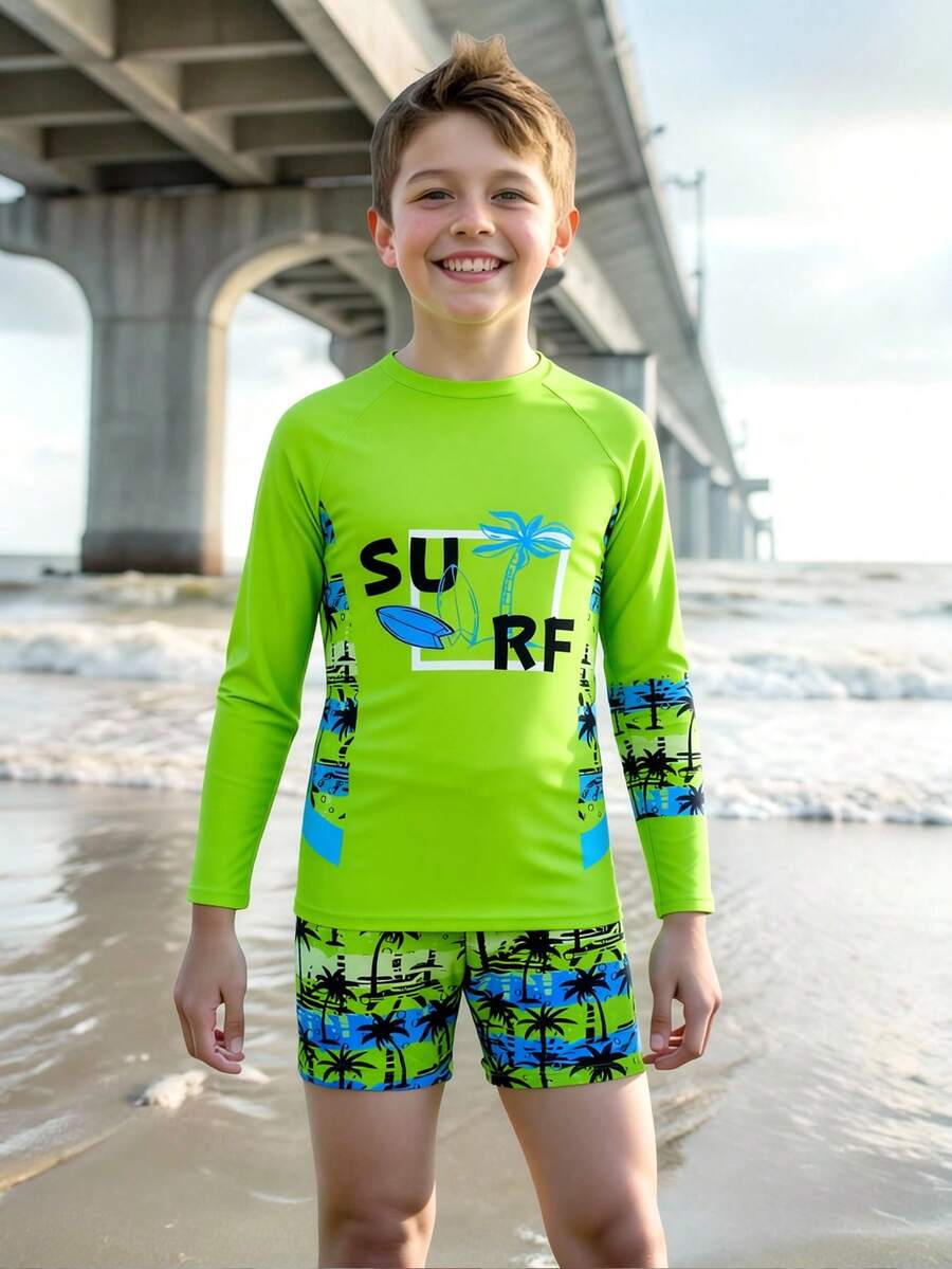 SHEIN Boys' Swimwear,Tropical Palm Tree & Letter Print Long Sleeve Rash Guard And Swim Trunks 2-Piece Set,Lime Green Summer Funny Beach Vacation Holiday - Green - View 1