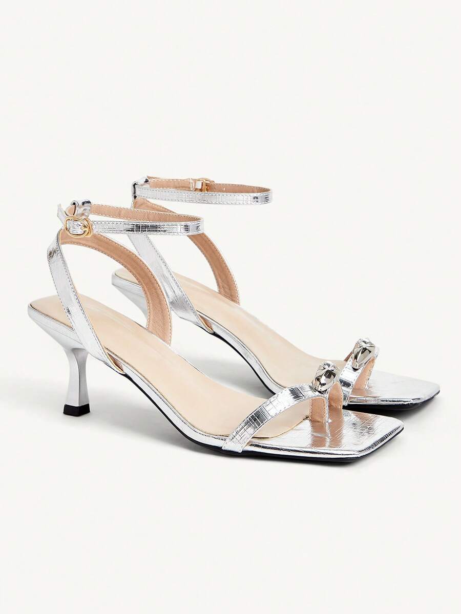 CUCCOO CHICEST Giày sandal đế bệt nữ màu trắng trong suốt, chất liệu PVC, gót vuông, đính pha lê, thích hợp đi làm, hẹn hò, dự tiệc, nghỉ lễ, đám cưới. - Màu bạc 889 - Xem 1
