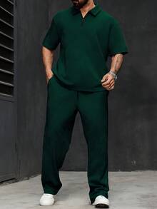 Manfinity Homme Plus Size Men's Solid Color Short Sleeve Polo Shirt And Pants Set - Dark Green - View 5
