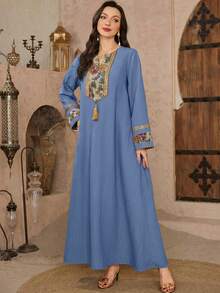 Al Najma Áo tunic cổ nơ hoa 3D và váy dài truyền thống Ả Rập dành cho nữ mùa xuân/hè. - Màu xanh lam - Xem 6