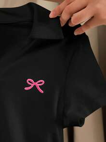 SHEIN Tween Girl Solid Color Casual Polo V-Neck Fitted Side Ruched Short Sleeve Cropped T-Shirt - Black - View 3