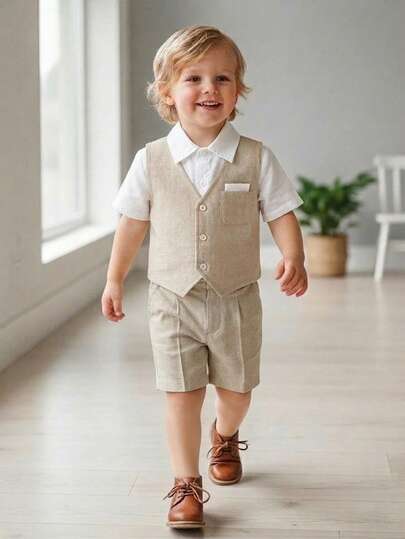 2pcs/Set Summer Toddler Boys' Gentleman Outfit, Consisting Of A Beige Textured Woven Vest And Shorts, V-Neck Design With 3 Buttons On The Front, Right Chest Pocket With White Decor, Straight-Cut Pants With Pleats, Simple And Comfortable, Suitable For Daily, Festivals, Parties, Birthdays