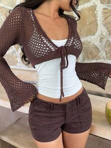 SHEIN EZwear Coffee Brown Long Sleeve Front Tie Cropped Thin Cardigan - Coffee Brown - View 5