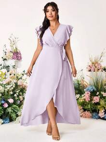 Cravure Plus Size Romantic Elegant Wedding Solid Color Cross V-Neck Tie Side Ruffle Sleeve Dress - Purple - View 5