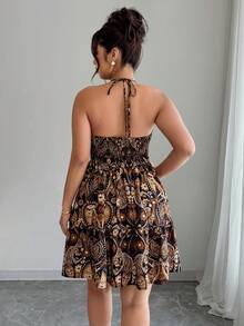 Elenzga Plus Size Women's Elegant V-Neck Halter Sexy Waist A-Line Bohemian Totem Print Dress, Spring/Summer - Multicolor - View 2