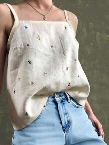 大码女式2025休闲刺绣宽松吊带背心 - 白色 - 查看 5