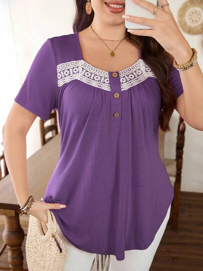 Lacomfia 大码纯色短袖蕾丝边休闲针织T恤