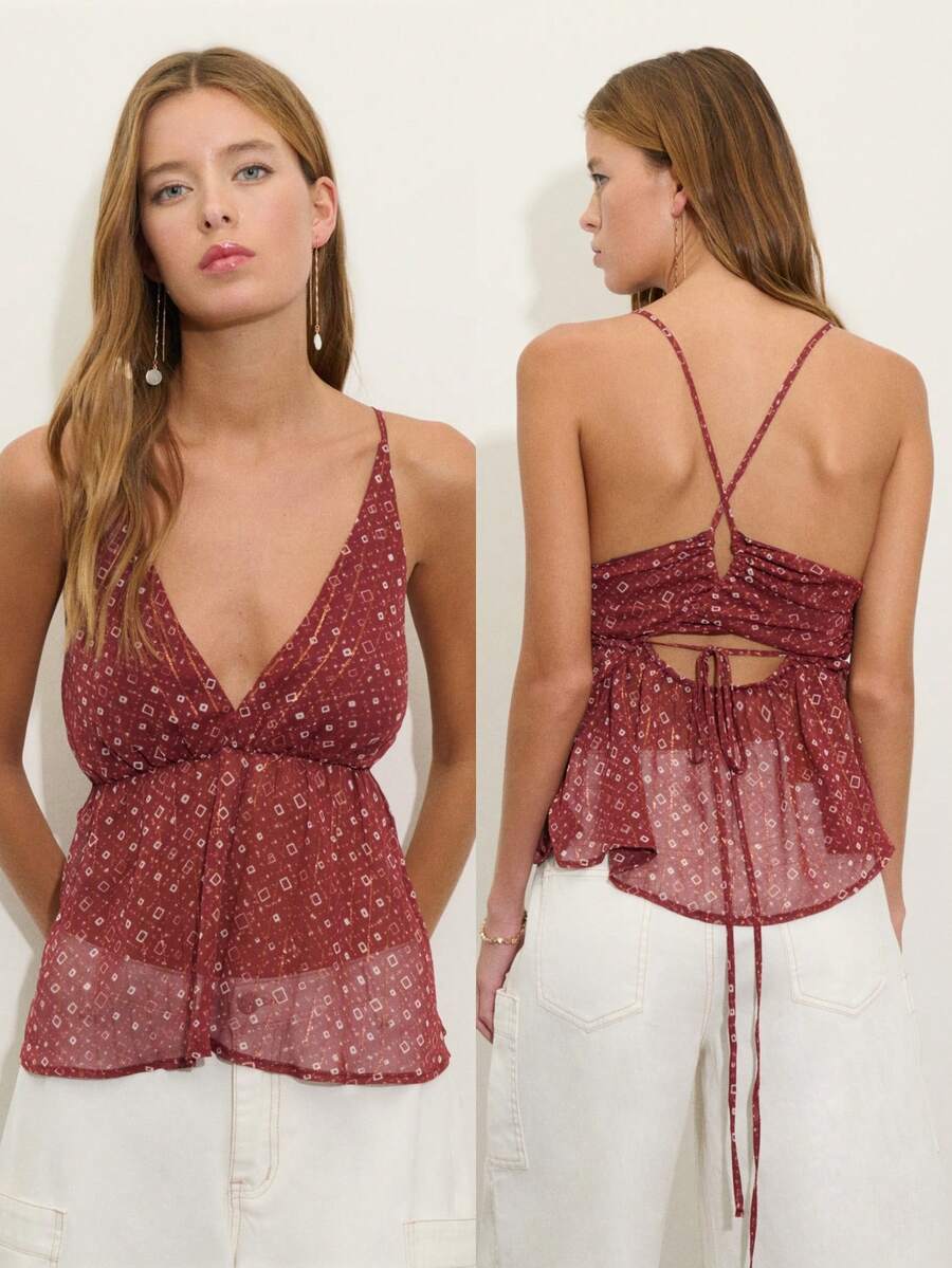 Nöista Áo hai dây cổ yếm mỏng nhẹ in họa tiết màu gỉ sắt và điểm nhấn vàng, thiết kế cổ chữ V và eo tôn dáng. Thích hợp cho mùa xuân, hè, đi chơi tối, đi nghỉ mát, phong cách boho, lễ hội, kỳ nghỉ. - màu nâu - Xem 1