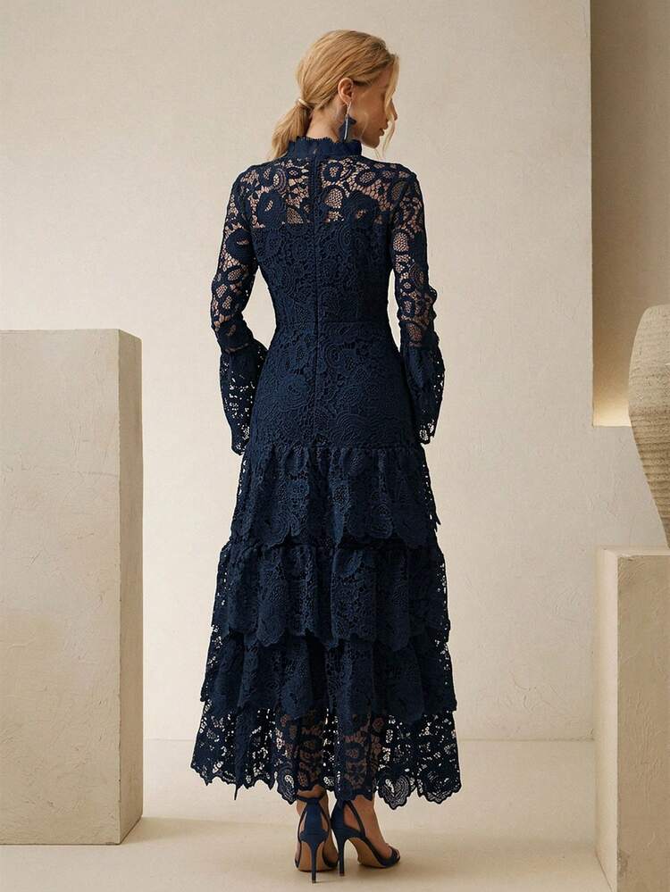 Women's Elegant Ruched Hem Waist Cinched Layered Lace Long Sleeve Dress, Suitable For Spring, New Year, Party, Wedding, Chic, Stylish, Formal, Work, Thanksgiving, Graduation, Christmas, Festival, Elegant, Valentine's Day