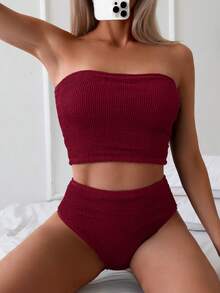 Swim Basics 女款夏季海灘度假純色平口時尚比基尼泳衣套裝 酒紅色 - 紅色 - 查看 4