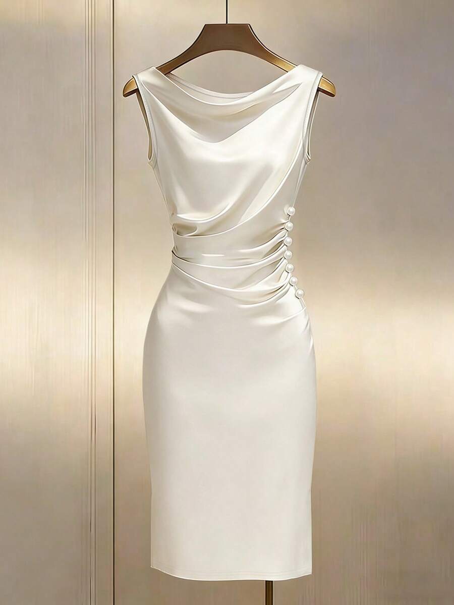 Franclia Vestido ajustado sin mangas con cuello de cowl en satén color champán - Beis - Ver 1