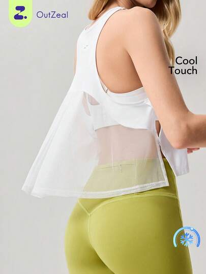 OutZeal Women Sports White Tank Gym Workout Wear Cool Touch UV Protection Mesh Panel Active Tops