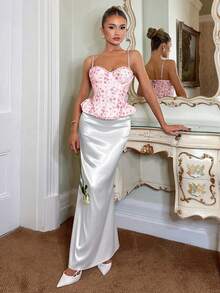 Glamine Charm 性感浪漫粉色刺绣拼接彩色花卉饰边钢圈不对称下摆吊带背心（女款） - 粉色 - 查看 6