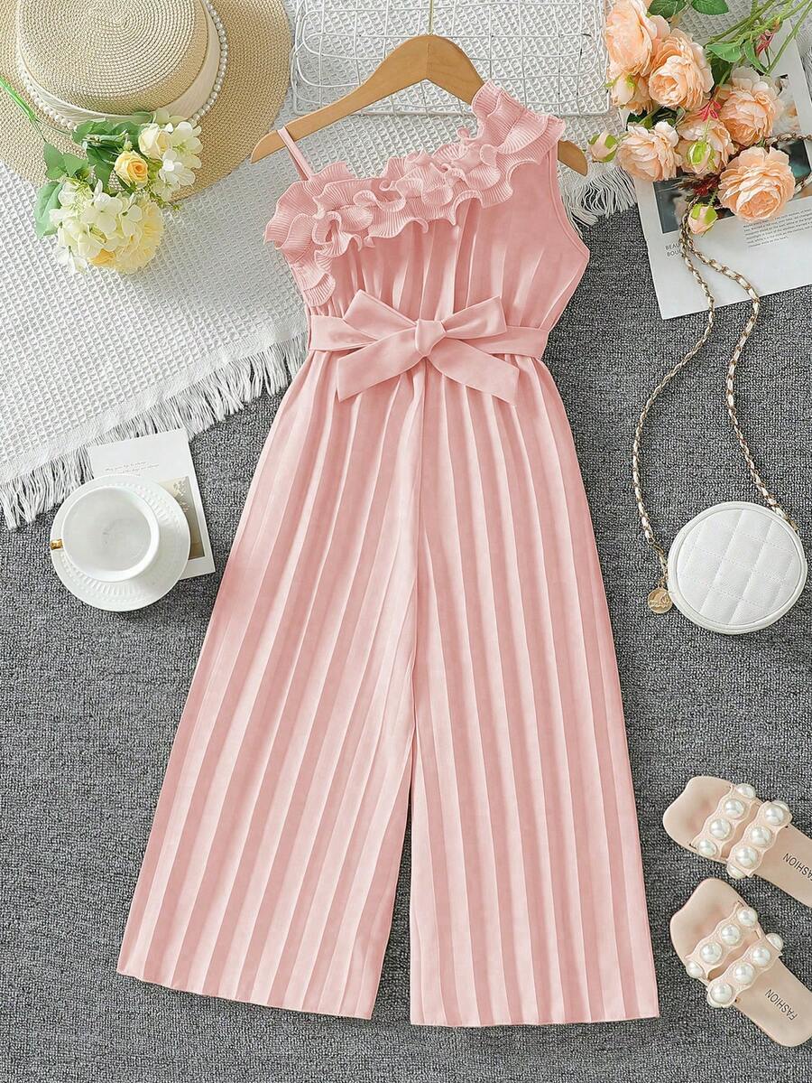 Elladie kids 女童荷叶边不对称领阔腿连体裤 - 粉色 - 查看 1