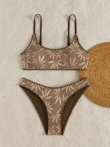 Costavie Women's Swimwear Set, Casual Vacation Double Strap Bikini Two Pieces, Shell Trim Sexy & Elegant Female Swimwear - Coffee Brown - View 3